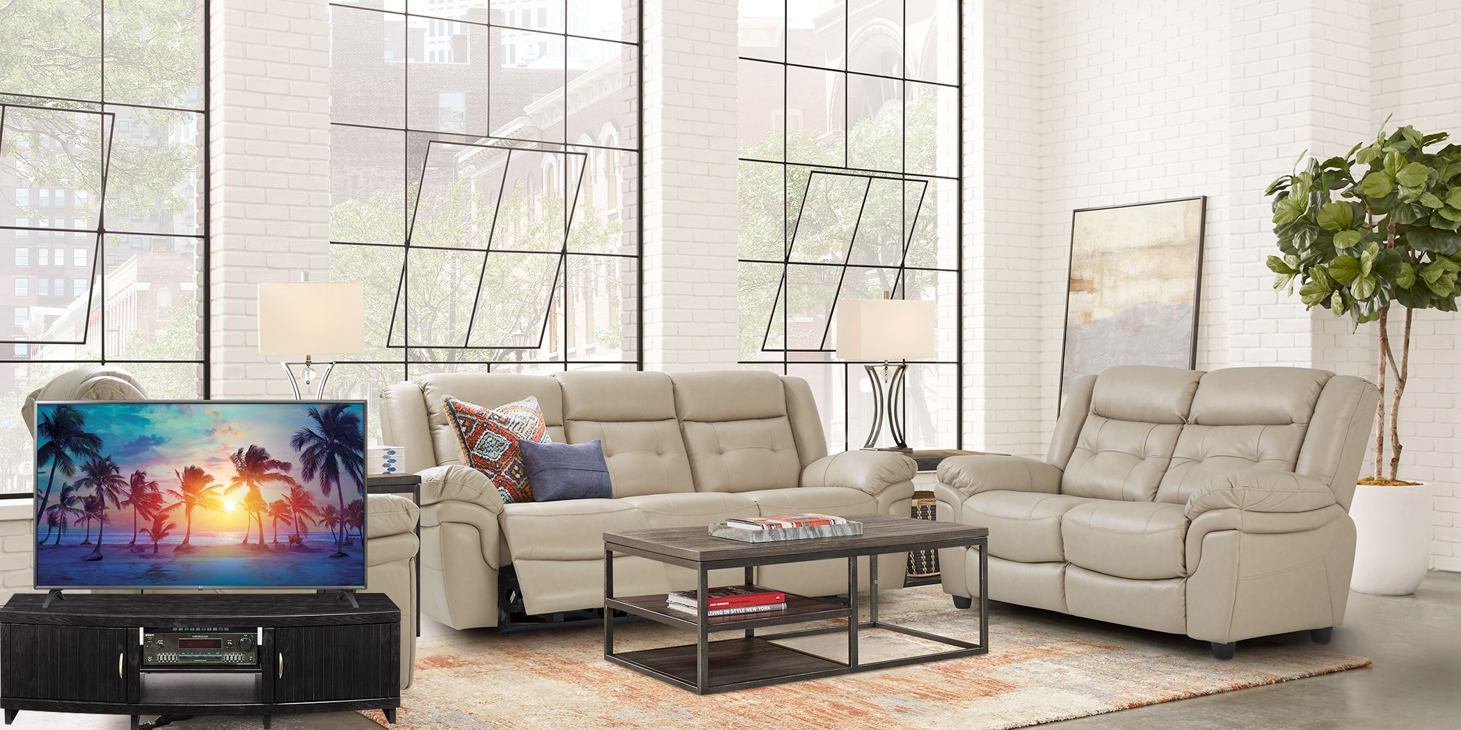 Ventoso Sand Leather 6 Pc Living Room with Reclining Sofa Plus 65