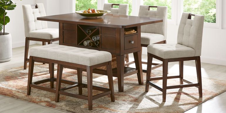 Walstead Place Brown 6 Pc Counter Height Dining Room with Beige Bench and Barstools