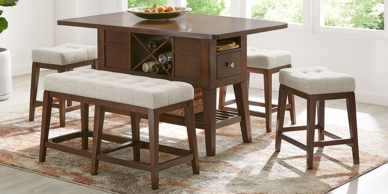 Walstead Place Brown 6 Pc Counter Height Dining Room with Beige Bench and Kyoto Stools